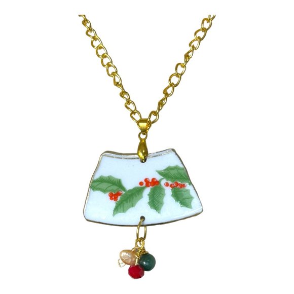 Holly Broken China Artisan Pendant w/ Pearls & Coral Berries & Bows Collection - Picture 7 of 17